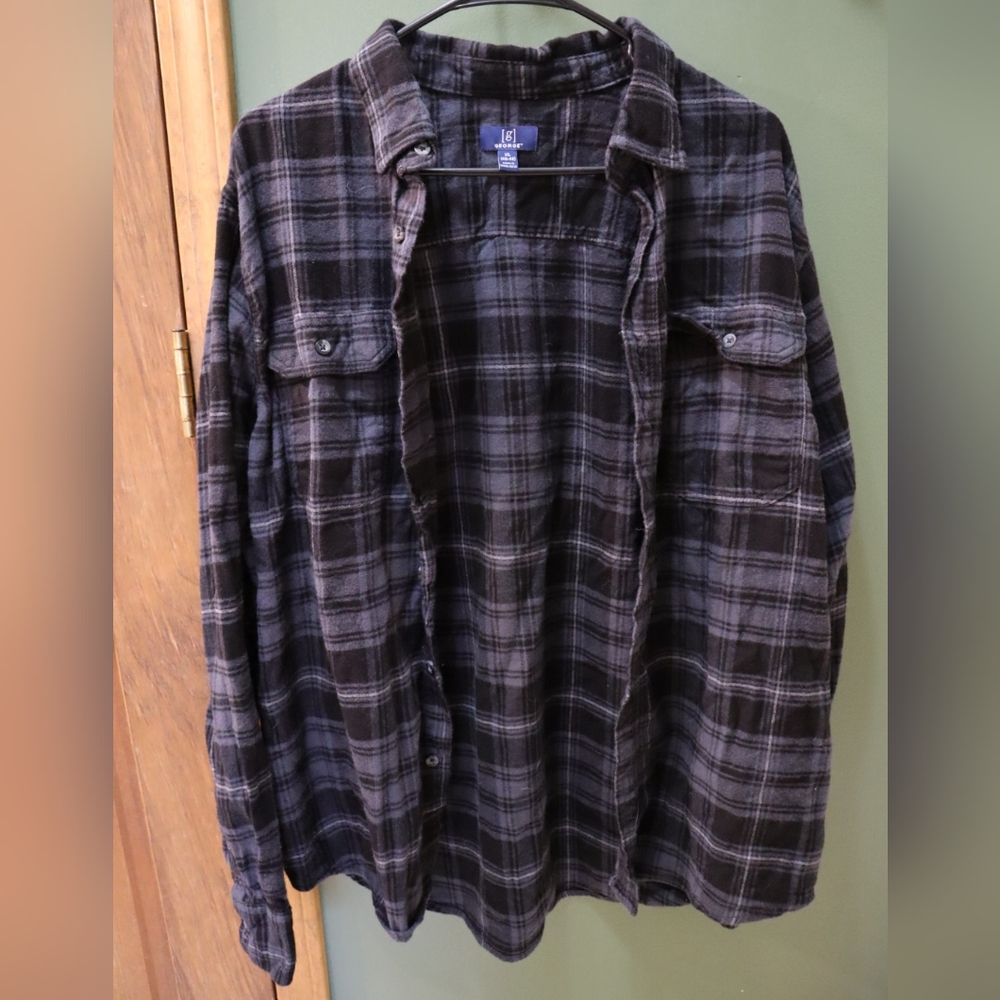 Black, Gray, Blue Plaid Button-Up Shirt